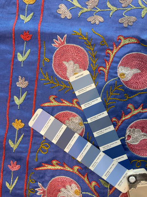 Pomegranate Silk Suzani Embroidered Wall Hanging - Handmade Blue Uzbek Embroidery 1'8'' x 6'5'' - detail 10
