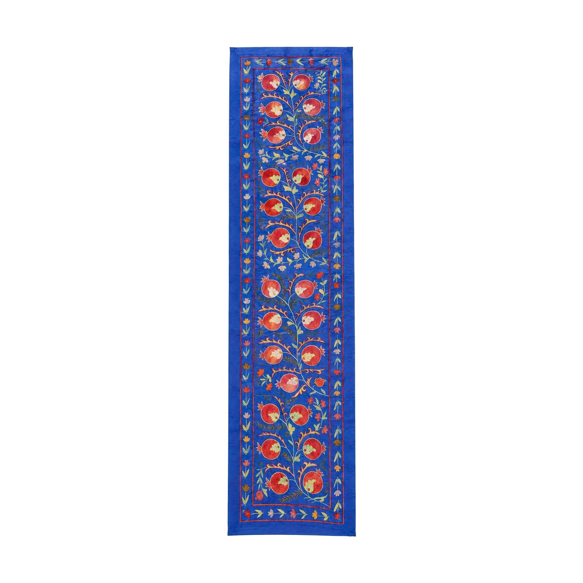 Pomegranate Silk Suzani Embroidered Wall Hanging - Handmade Blue Uzbek Embroidery 1'8'' x 6'5'' - front view