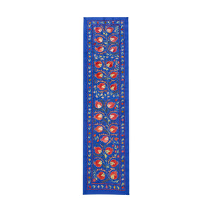 Pomegranate Silk Suzani Embroidered Wall Hanging - Handmade Blue Uzbek Embroidery 1'8'' x 6'5'' - front view