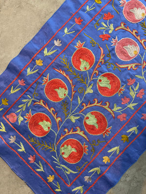 Pomegranate Silk Suzani Embroidered Wall Hanging - Handmade Blue Uzbek Embroidery 1'8'' x 6'5'' - detail 2