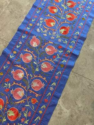 Pomegranate Silk Suzani Embroidered Wall Hanging - Handmade Blue Uzbek Embroidery 1'8'' x 6'5'' - detail 3