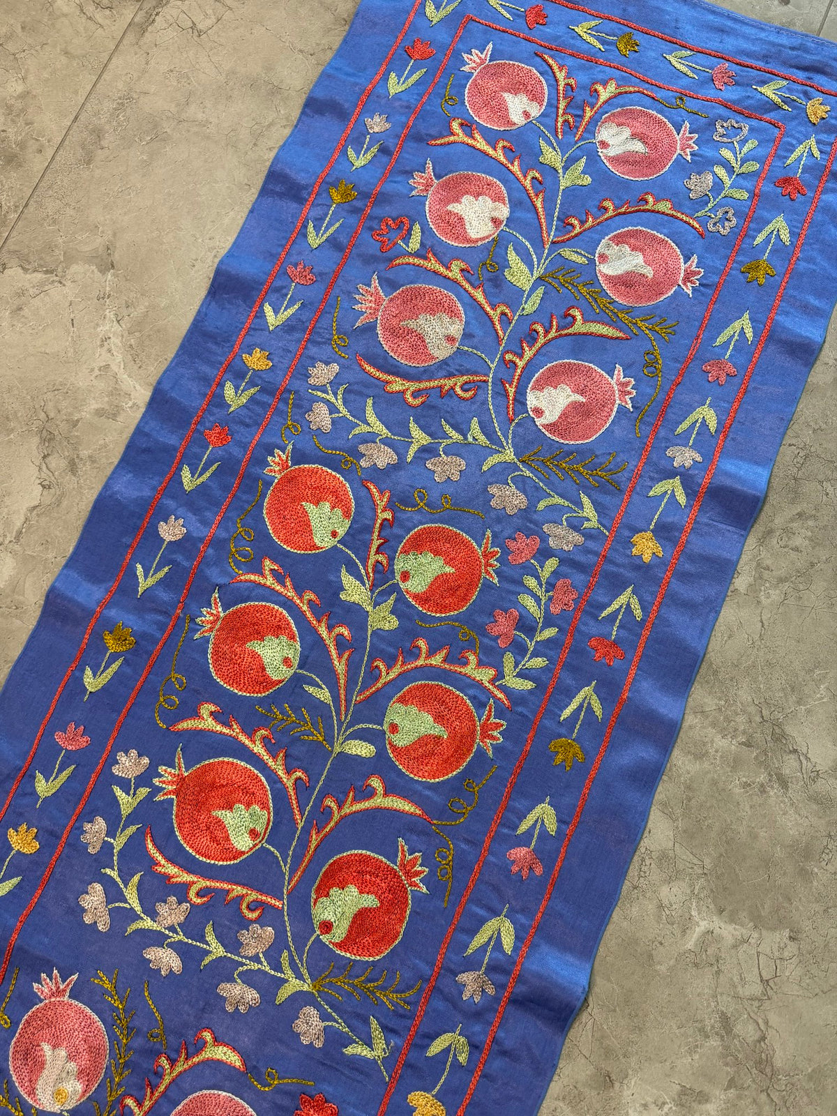 Pomegranate Silk Suzani Embroidered Wall Hanging - Handmade Blue Uzbek Embroidery 1'8'' x 6'5'' - detail 4