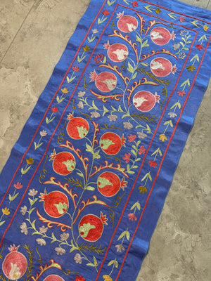 Pomegranate Silk Suzani Embroidered Wall Hanging - Handmade Blue Uzbek Embroidery 1'8'' x 6'5'' - detail 4