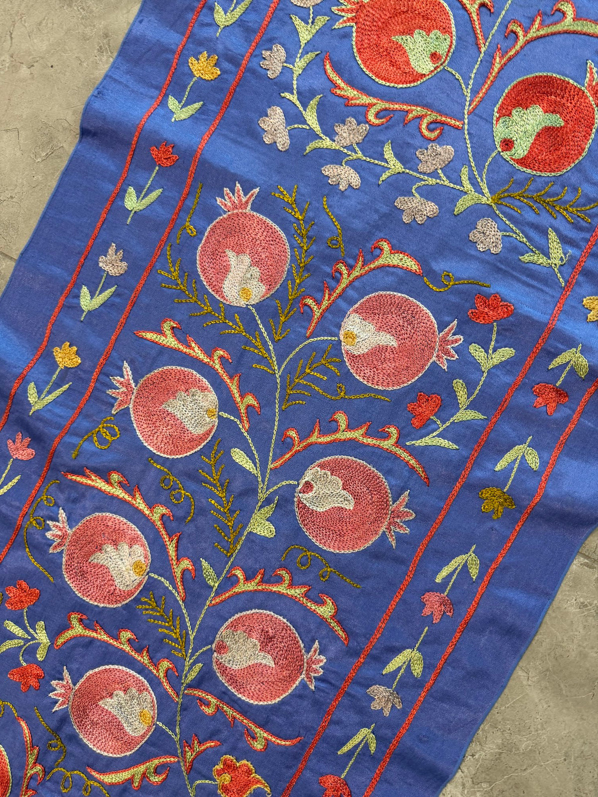 Pomegranate Silk Suzani Embroidered Wall Hanging - Handmade Blue Uzbek Embroidery 1'8'' x 6'5'' - detail 5
