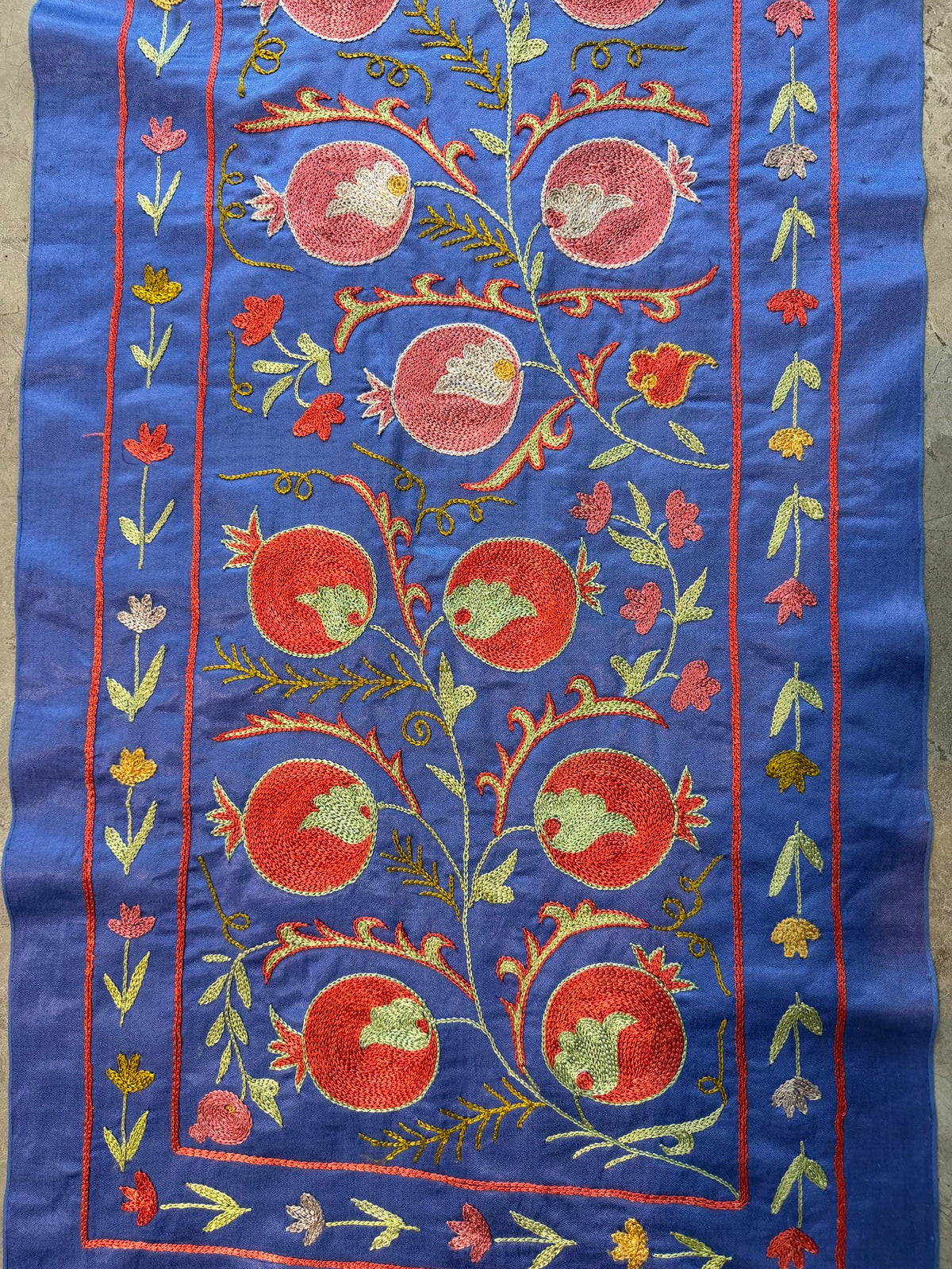 Pomegranate Silk Suzani Embroidered Wall Hanging - Handmade Blue Uzbek Embroidery 1'8'' x 6'5'' - detail 6