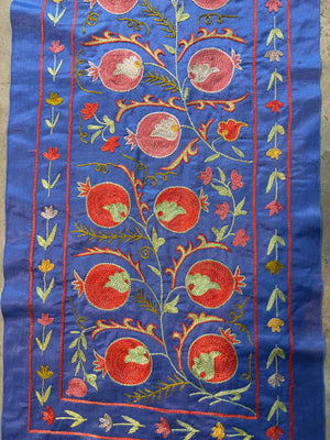 Pomegranate Silk Suzani Embroidered Wall Hanging - Handmade Blue Uzbek Embroidery 1'8'' x 6'5'' - detail 6