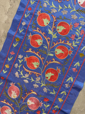 Pomegranate Silk Suzani Embroidered Wall Hanging - Handmade Blue Uzbek Embroidery 1'8'' x 6'5'' - detail 7