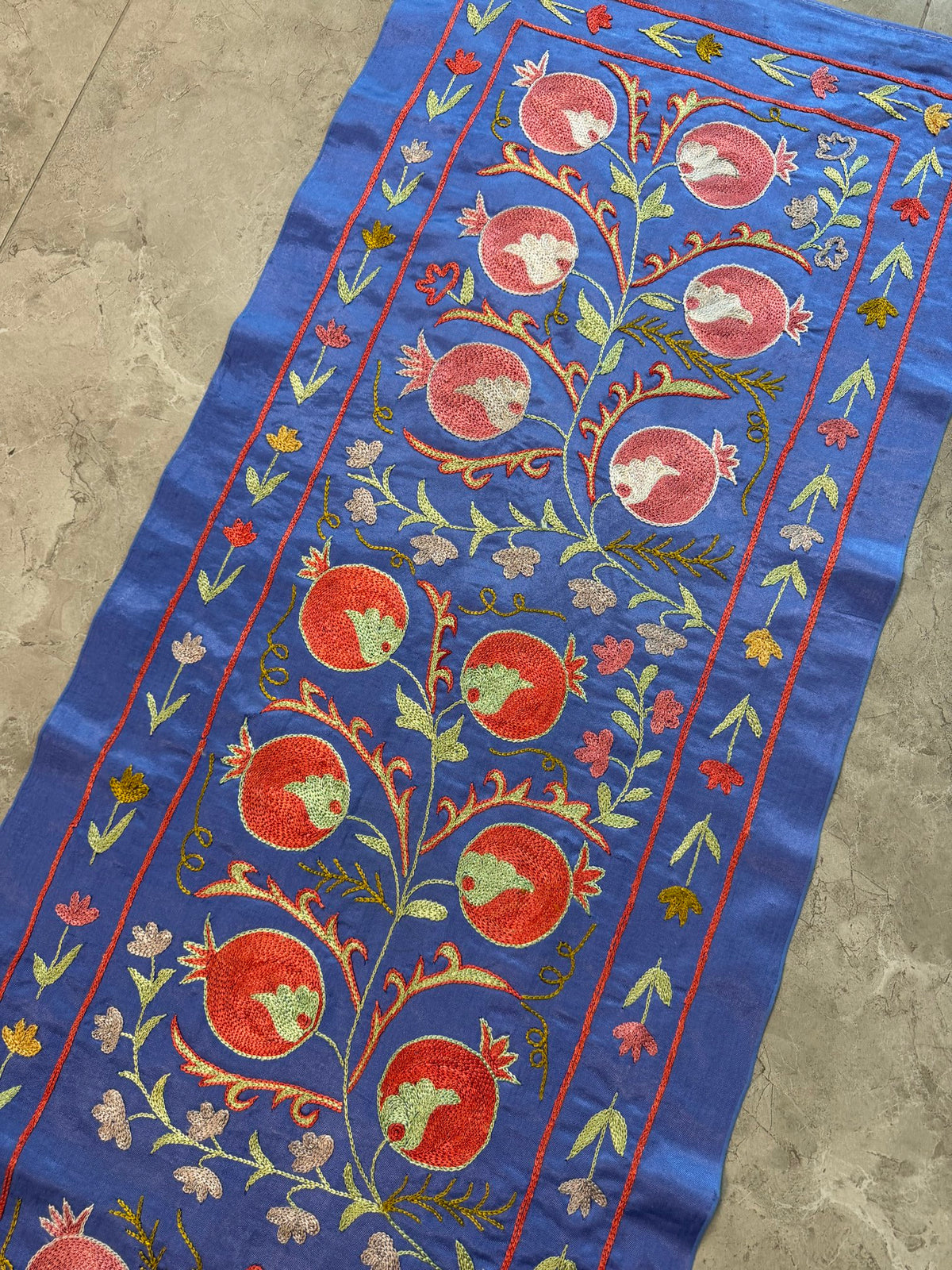 Pomegranate Silk Suzani Embroidered Wall Hanging - Handmade Blue Uzbek Embroidery 1'8'' x 6'5'' - detail 8