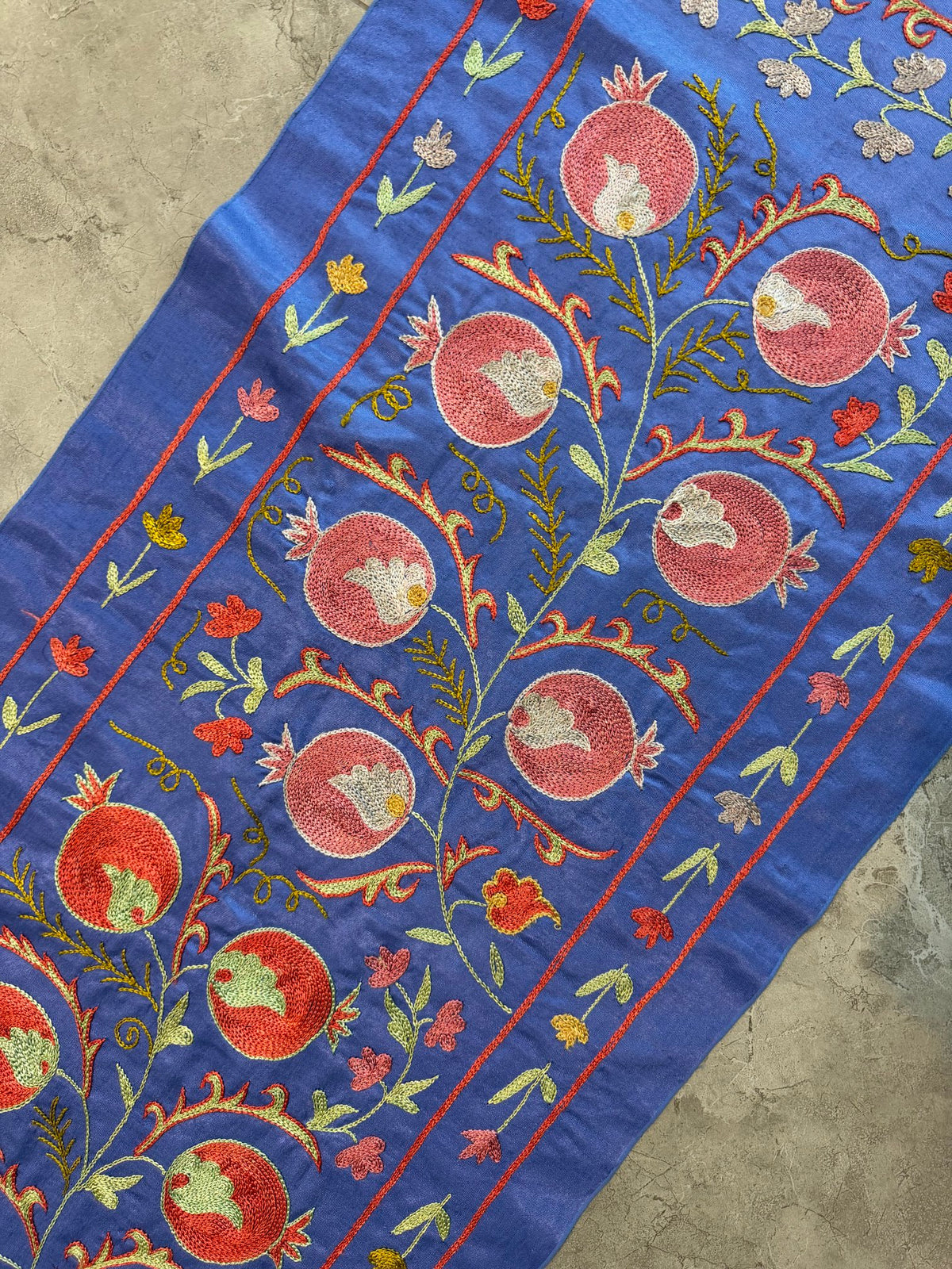 Pomegranate Silk Suzani Embroidered Wall Hanging - Handmade Blue Uzbek Embroidery 1'8'' x 6'5'' - detail 9