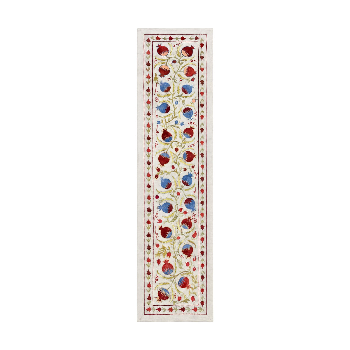 Embroidered Beige Silk Suzani Embroidered Wall Hanging, Pomegranate Embroidery 1'8'' x 6'4'' - front view