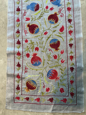 Embroidered Beige Silk Suzani Embroidered Wall Hanging, Pomegranate Embroidery 1'8'' x 6'4'' - detail 2
