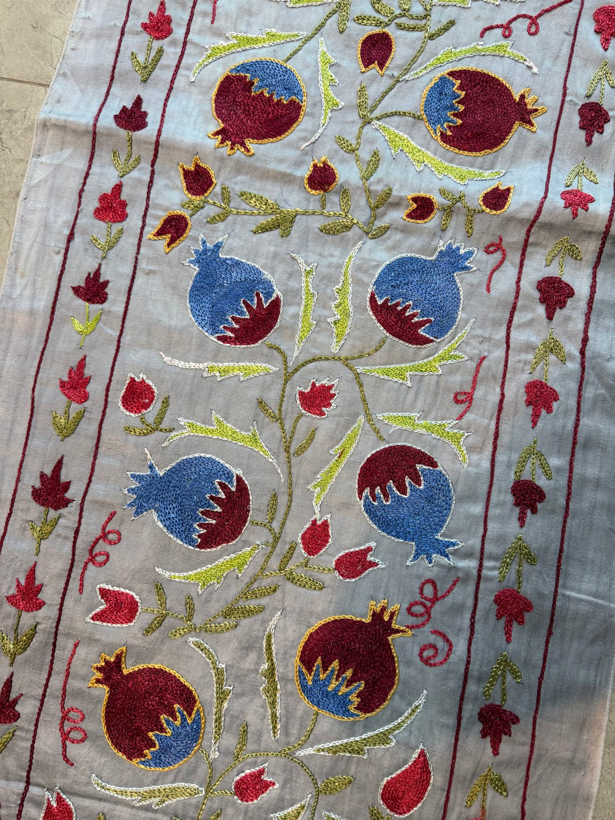 Embroidered Beige Silk Suzani Embroidered Wall Hanging, Pomegranate Embroidery 1'8'' x 6'4'' - detail 3
