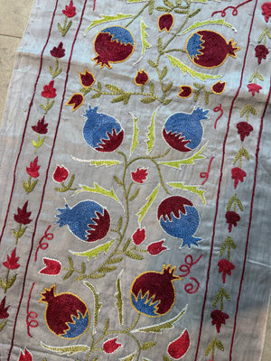 Embroidered Beige Silk Suzani Embroidered Wall Hanging, Pomegranate Embroidery 1'8'' x 6'4'' - detail 3
