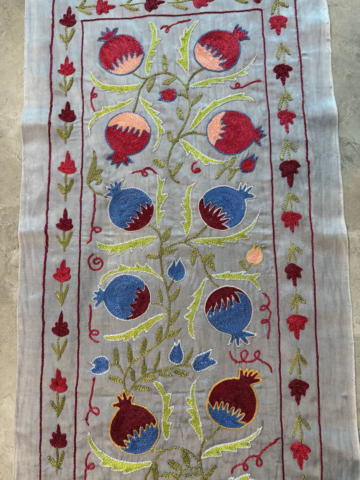 Embroidered Beige Silk Suzani Embroidered Wall Hanging, Pomegranate Embroidery 1'8'' x 6'4'' - detail 4