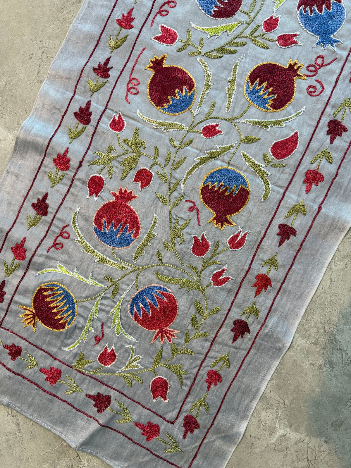 Embroidered Beige Silk Suzani Embroidered Wall Hanging, Pomegranate Embroidery 1'8'' x 6'4'' - detail 5