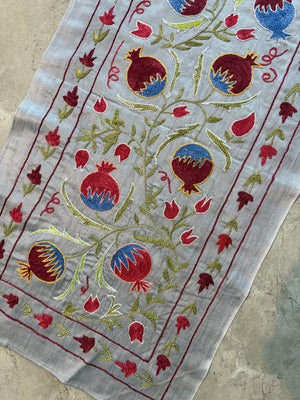 Embroidered Beige Silk Suzani Embroidered Wall Hanging, Pomegranate Embroidery 1'8'' x 6'4'' - detail 5