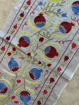 Embroidered Beige Silk Suzani Embroidered Wall Hanging, Pomegranate Embroidery 1'8'' x 6'4'' - detail 6
