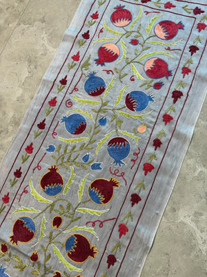 Embroidered Beige Silk Suzani Embroidered Wall Hanging, Pomegranate Embroidery 1'8'' x 6'4'' - detail 7