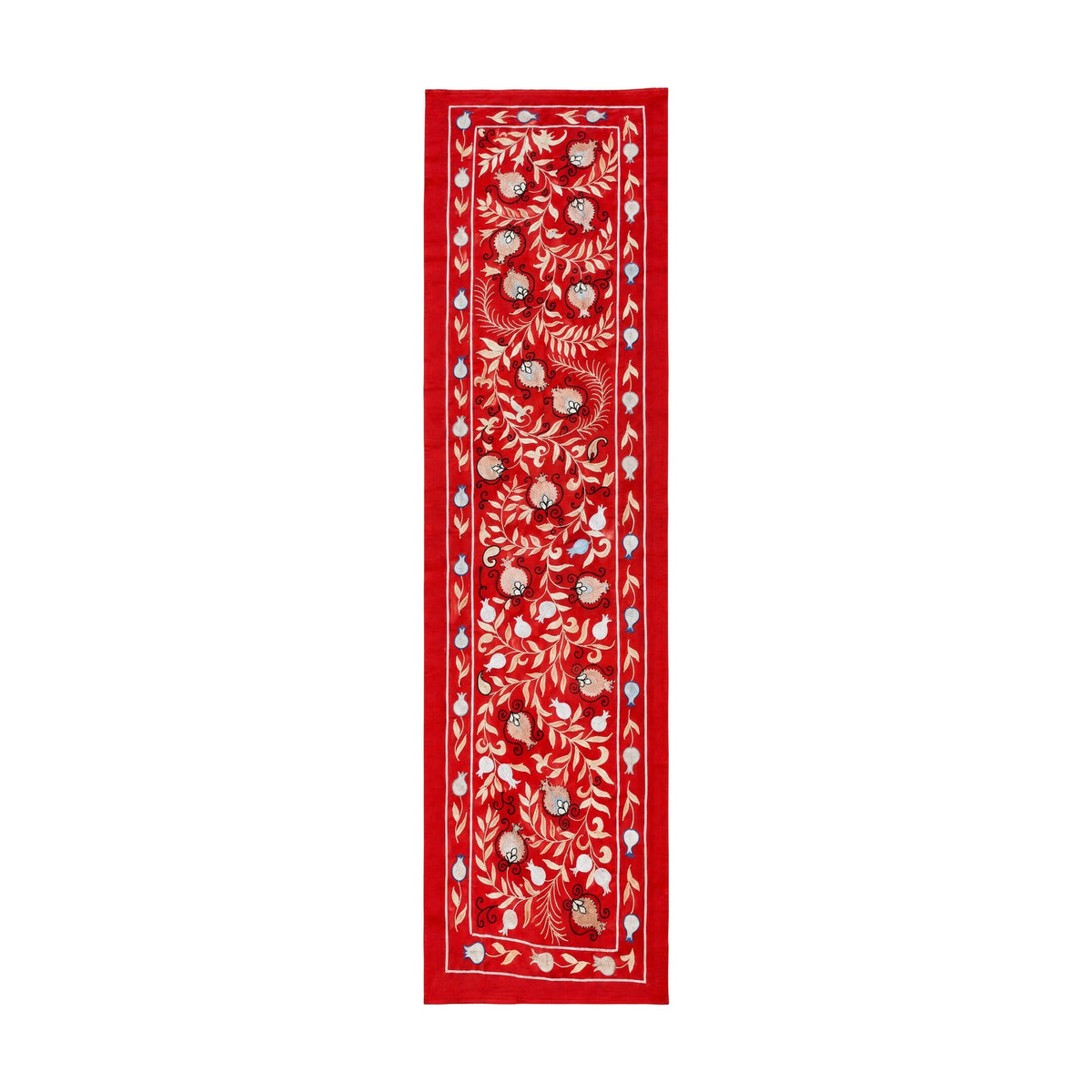Decorative Red Silk Suzani Wall Hanging, Pomegranate Embroidery 1'8'' x 6'3'' - front view