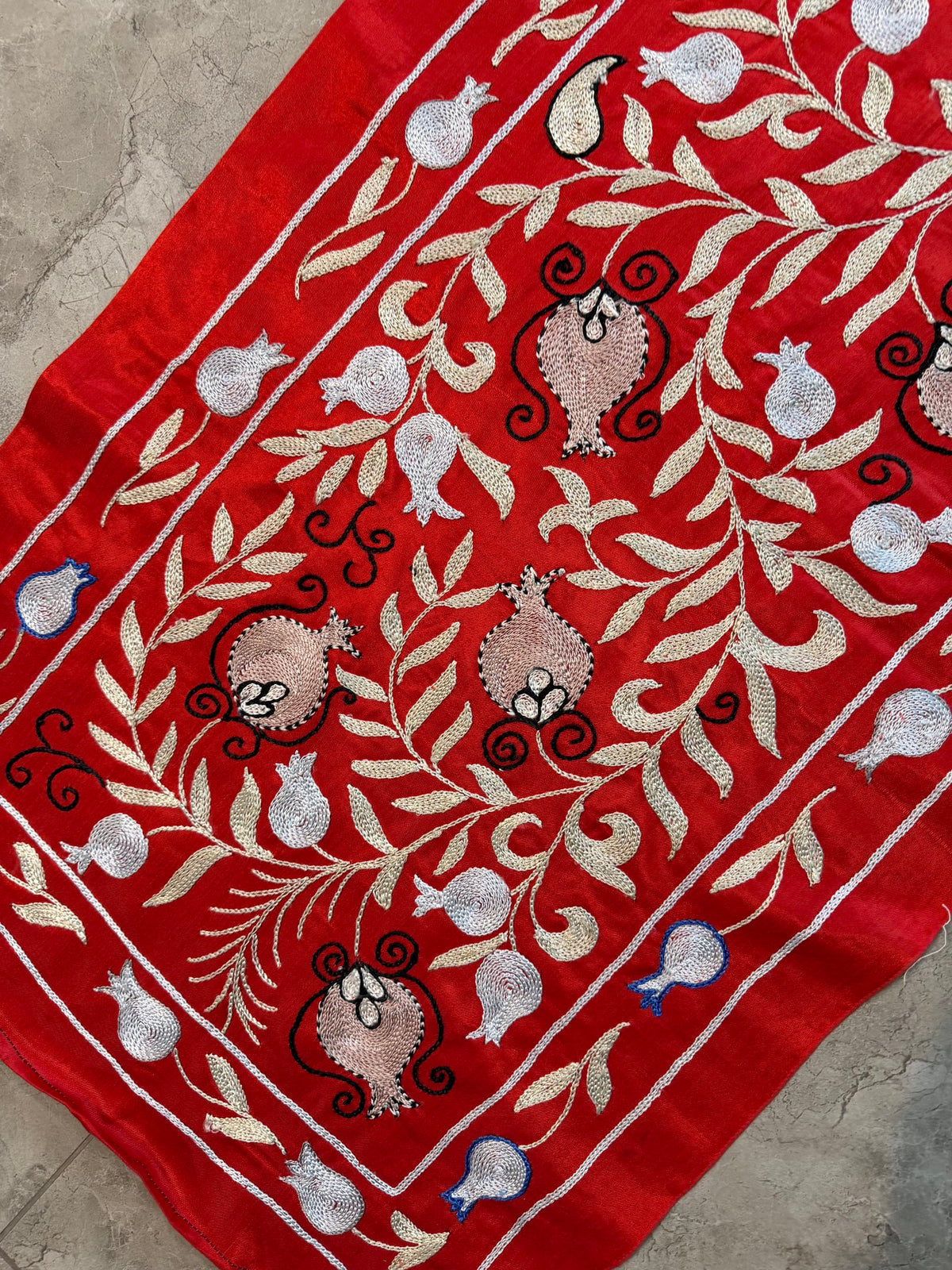 Decorative Red Silk Suzani Wall Hanging, Pomegranate Embroidery 1'8'' x 6'3'' - detail 2