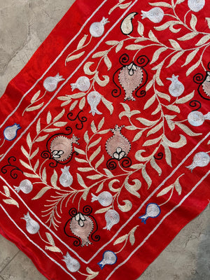 Decorative Red Silk Suzani Wall Hanging, Pomegranate Embroidery 1'8'' x 6'3'' - detail 2