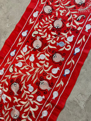 Decorative Red Silk Suzani Wall Hanging, Pomegranate Embroidery 1'8'' x 6'3'' - detail 3