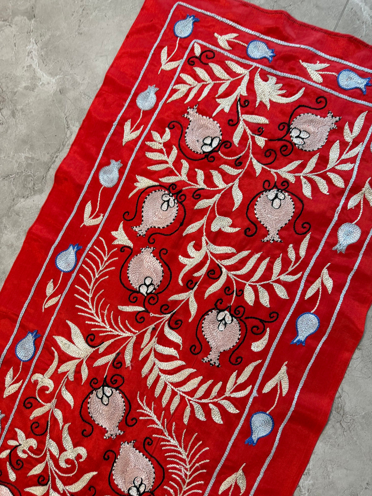 Decorative Red Silk Suzani Wall Hanging, Pomegranate Embroidery 1'8'' x 6'3'' - detail 4