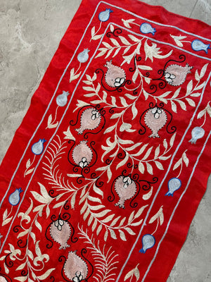 Decorative Red Silk Suzani Wall Hanging, Pomegranate Embroidery 1'8'' x 6'3'' - detail 4