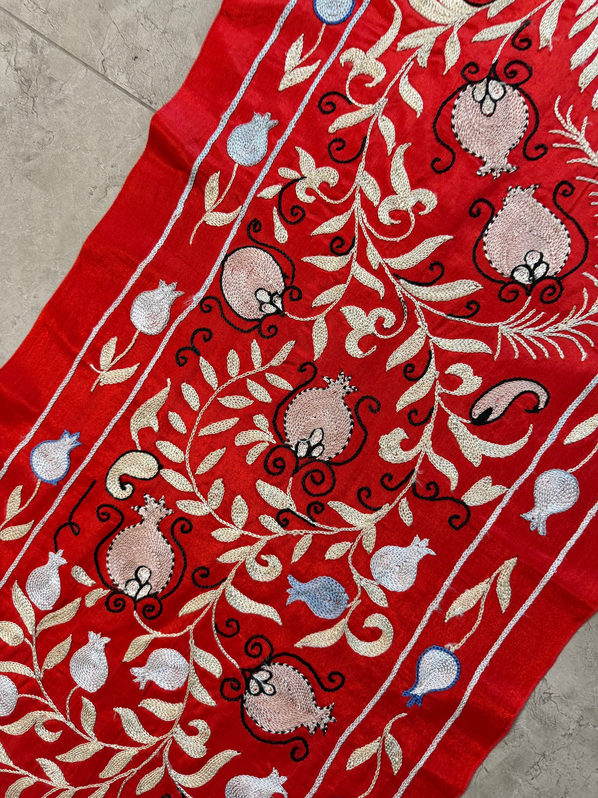 Decorative Red Silk Suzani Wall Hanging, Pomegranate Embroidery 1'8'' x 6'3'' - detail 5