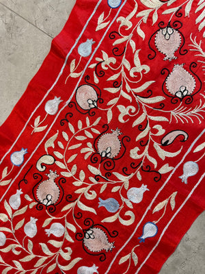 Decorative Red Silk Suzani Wall Hanging, Pomegranate Embroidery 1'8'' x 6'3'' - detail 5