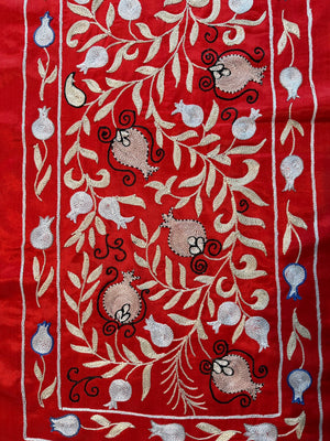 Decorative Red Silk Suzani Wall Hanging, Pomegranate Embroidery 1'8'' x 6'3'' - detail 6