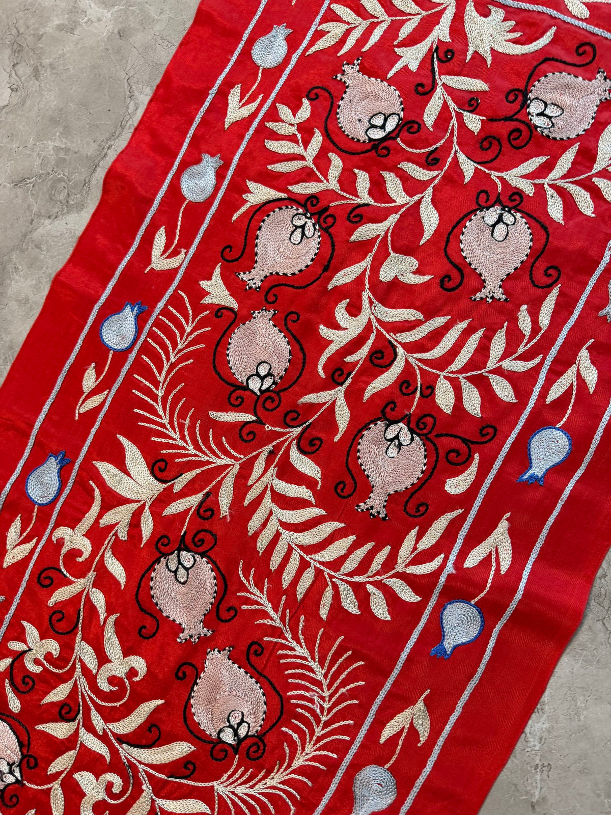 Decorative Red Silk Suzani Wall Hanging, Pomegranate Embroidery 1'8'' x 6'3'' - detail 7