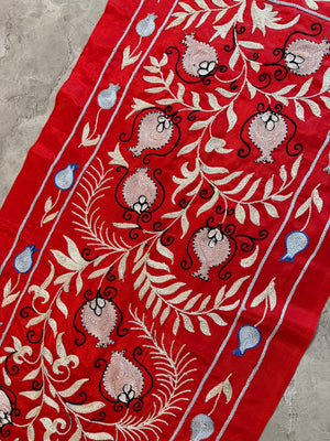 Decorative Red Silk Suzani Wall Hanging, Pomegranate Embroidery 1'8'' x 6'3'' - detail 7