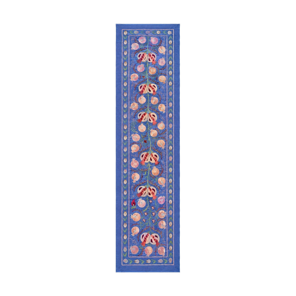 Blue Silk Suzani Tribal Textile - Boho Pomegranate Uzbekistan Textile 1'8'' x 6'4'' - front view