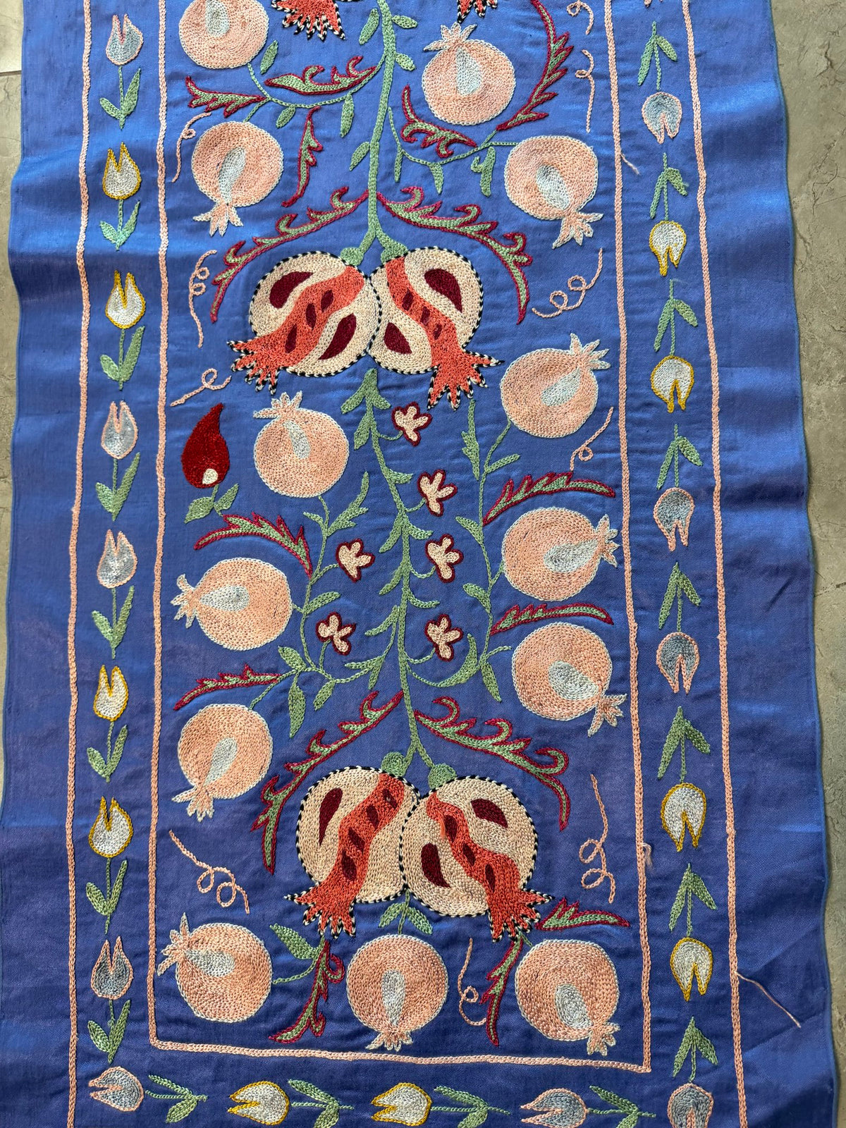 Blue Silk Suzani Tribal Textile - Boho Pomegranate Uzbekistan Textile 1'8'' x 6'4'' - detail 2