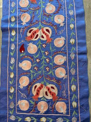 Blue Silk Suzani Tribal Textile - Boho Pomegranate Uzbekistan Textile 1'8'' x 6'4'' - detail 2