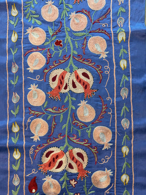 Blue Silk Suzani Tribal Textile - Boho Pomegranate Uzbekistan Textile 1'8'' x 6'4'' - detail 3