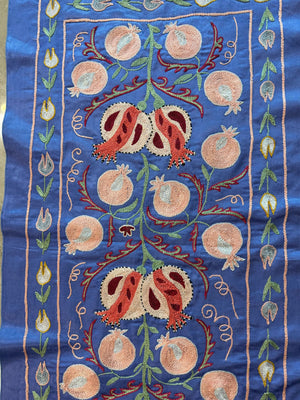 Blue Silk Suzani Tribal Textile - Boho Pomegranate Uzbekistan Textile 1'8'' x 6'4'' - detail 4