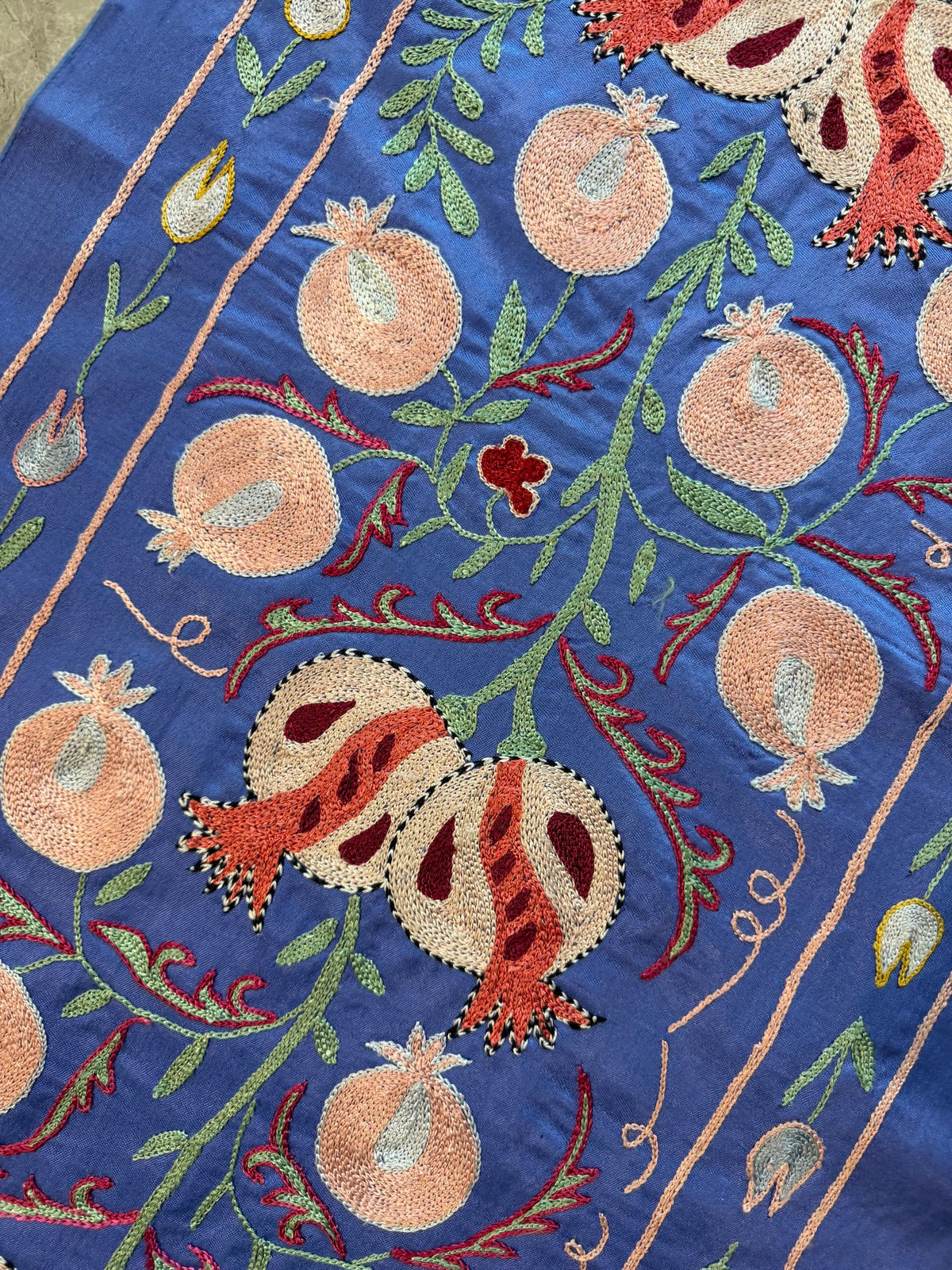 Blue Silk Suzani Tribal Textile - Boho Pomegranate Uzbekistan Textile 1'8'' x 6'4'' - detail 5