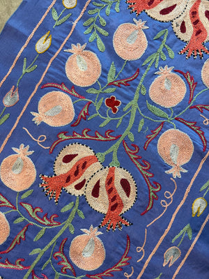 Blue Silk Suzani Tribal Textile - Boho Pomegranate Uzbekistan Textile 1'8'' x 6'4'' - detail 5