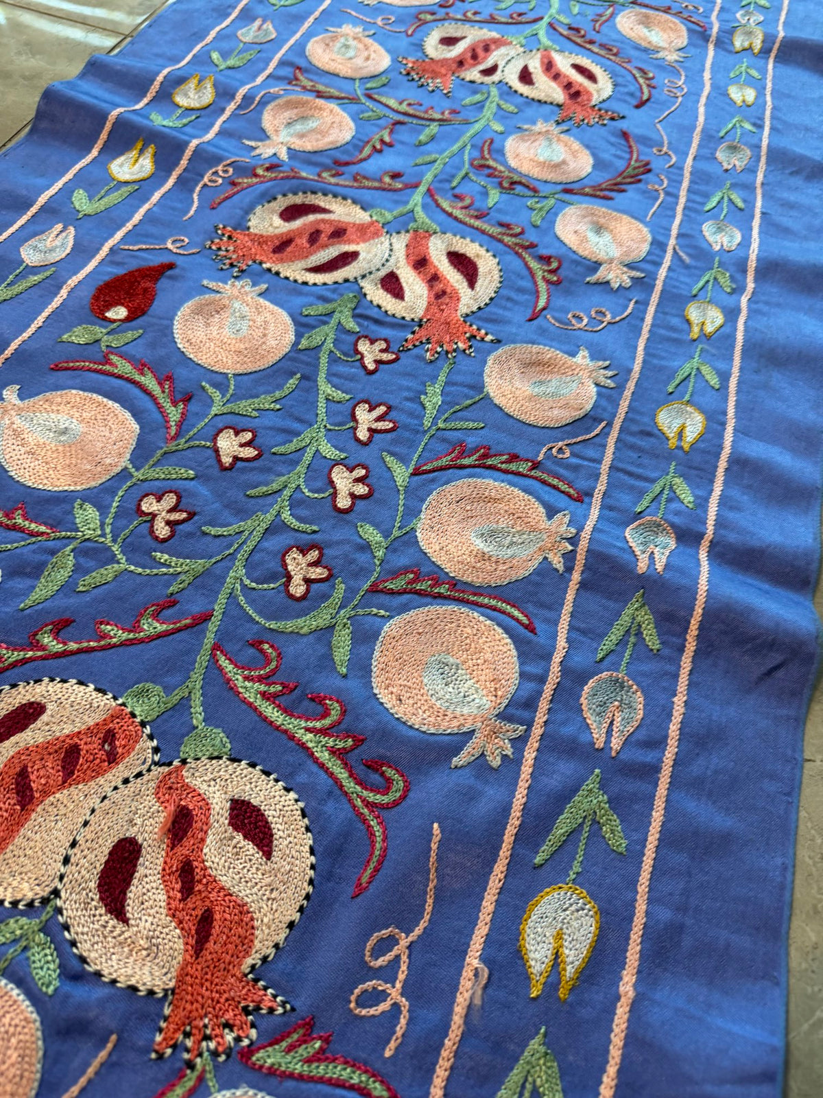 Blue Silk Suzani Tribal Textile - Boho Pomegranate Uzbekistan Textile 1'8'' x 6'4'' - detail 6
