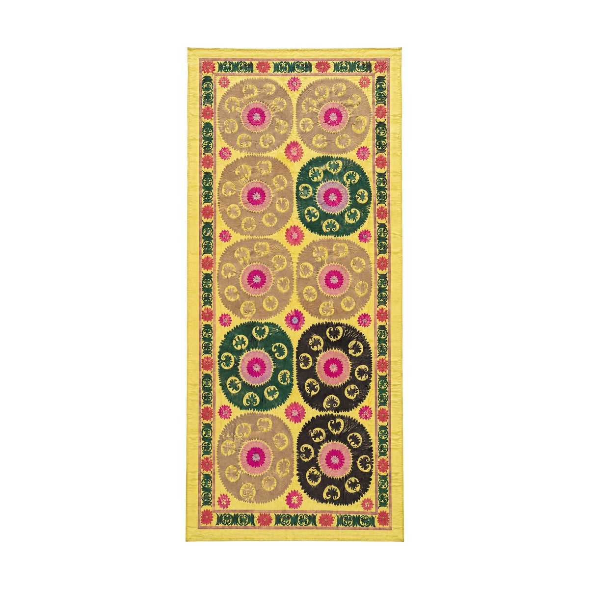 Hand-Embroidered Vintage Yellow Cotton Suzani Tapestry, Medallion Embroidery 6'7'' x 13'9'' - front view