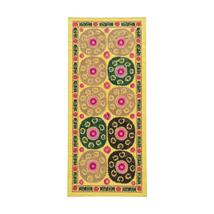 Hand-Embroidered Vintage Yellow Cotton Suzani Tapestry, Medallion Embroidery 6'7'' x 13'9'' - front view