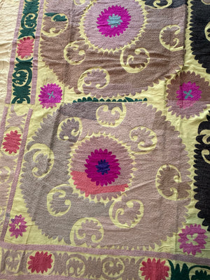 Hand-Embroidered Vintage Yellow Cotton Suzani Tapestry, Medallion Embroidery 6'7'' x 13'9'' - detail 3
