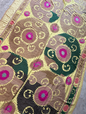 Hand-Embroidered Vintage Yellow Cotton Suzani Tapestry, Medallion Embroidery 6'7'' x 13'9'' - detail 5