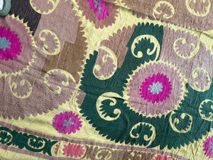 Hand-Embroidered Vintage Yellow Cotton Suzani Tapestry, Medallion Embroidery 6'7'' x 13'9'' - detail 9
