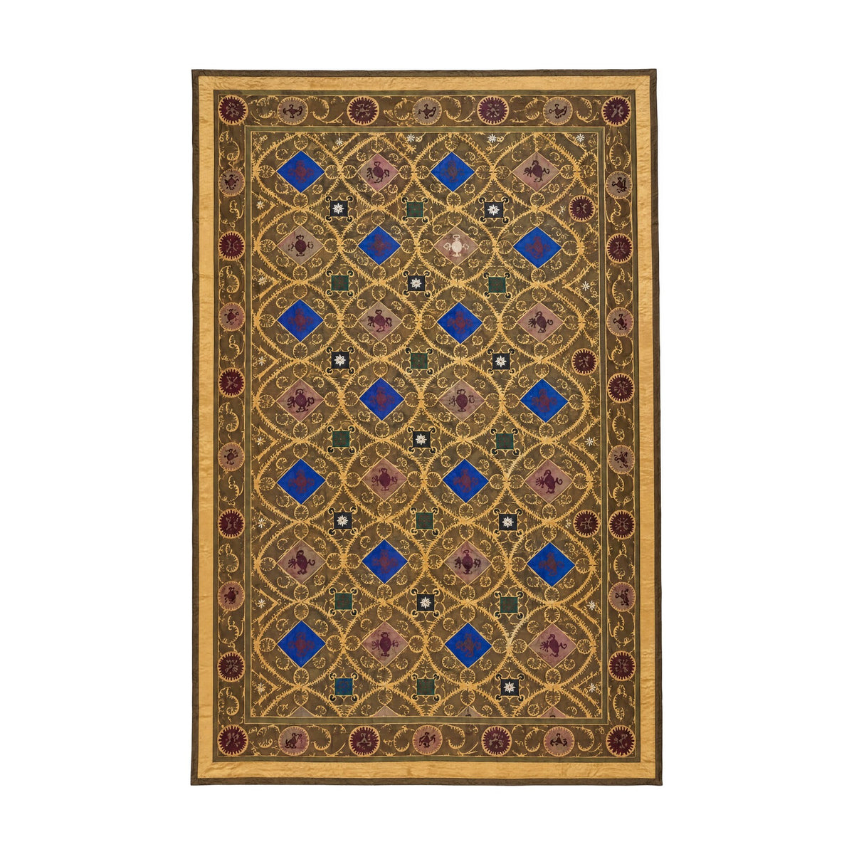 Lattice Motif Cotton Suzani Tablecloth, Boho Vintage Gold Uzbek Textile 7'1'' x 10'8'' - front view