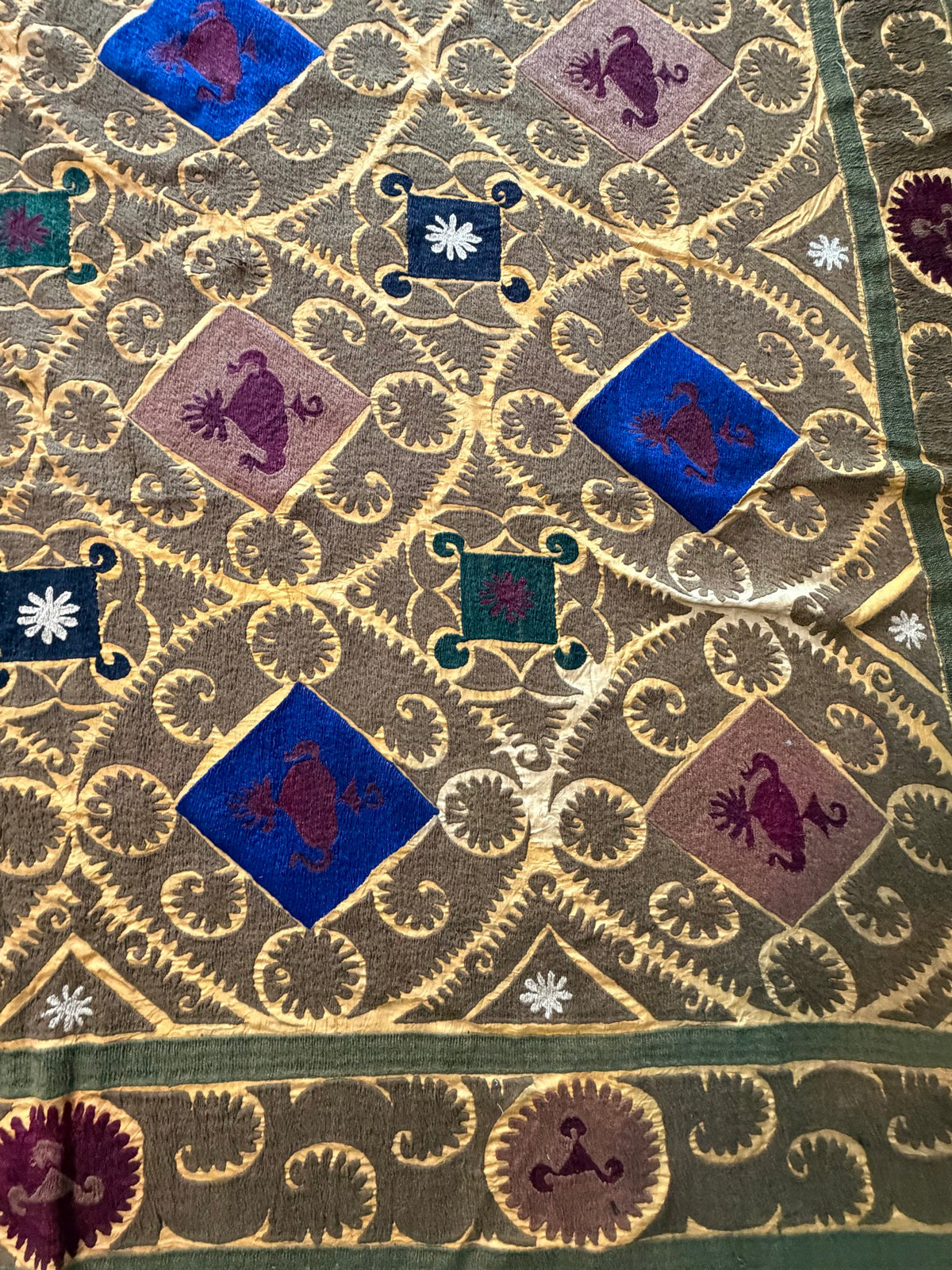 Lattice Motif Cotton Suzani Tablecloth, Boho Vintage Gold Uzbek Textile 7'1'' x 10'8'' - detail 3