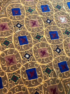 Lattice Motif Cotton Suzani Tablecloth, Boho Vintage Gold Uzbek Textile 7'1'' x 10'8'' - detail 5