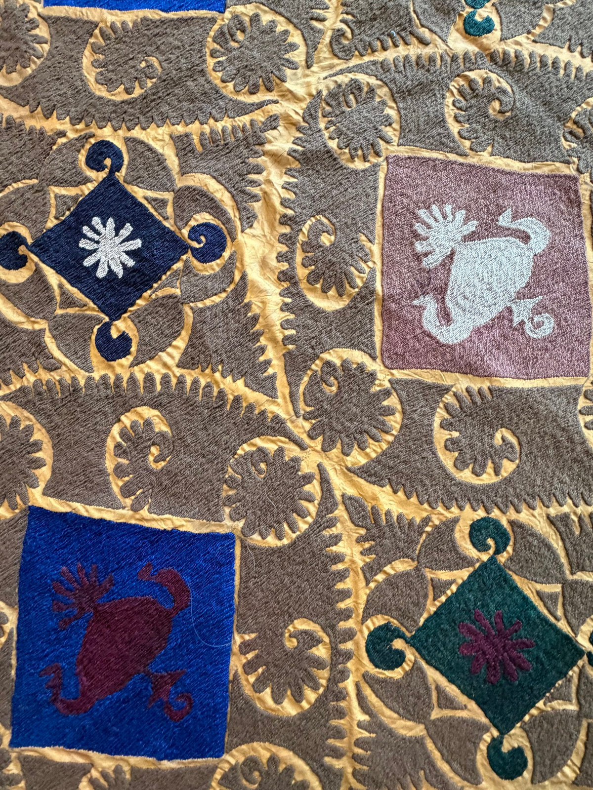 Lattice Motif Cotton Suzani Tablecloth, Boho Vintage Gold Uzbek Textile 7'1'' x 10'8'' - detail 7